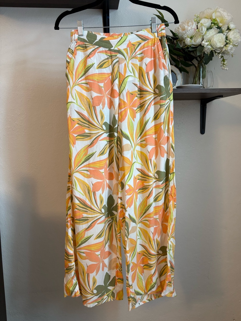 Roxy NWT Midnight Avenue Tropical Wide-Leg Pants Orange Floral Print Size S